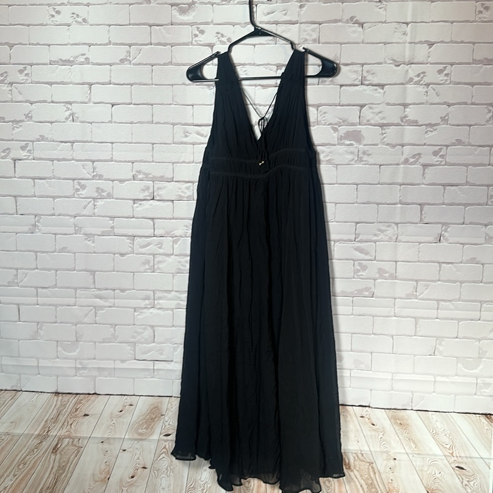 NEW Silk Banana Republic Crinkle Gauze Midi Black Dress Tank Top Tie Back LBD